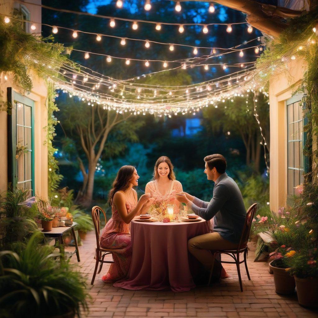 A whimsical scene depicting two couples engaging in playful and flirtatious interactions at a vibrant outdoor gathering. The atmosphere is filled with colorful decorations, string lights, and a sense of laughter in the air. Incorporate elements of sensuality, such as intertwined hands and flirtatious glances. The background features soft, dreamy colors and lush greenery to evoke a feeling of freedom and excitement. vibrant colors. soft focus. whimsical style.
