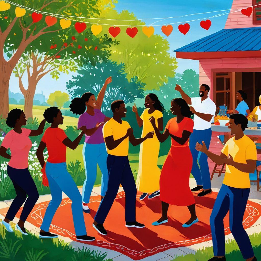 A dynamic and colorful scene depicting diverse couples engaged in various activities that enhance their relationships, such as dancing, cooking together, and playful outdoor games. Include elements that symbolize openness, communication, and connection, such as heart motifs and vibrant, intertwining colors in the background. The image should convey a sense of joy, freedom, and unity among the couples. super-realistic. vibrant colors. warm atmosphere.